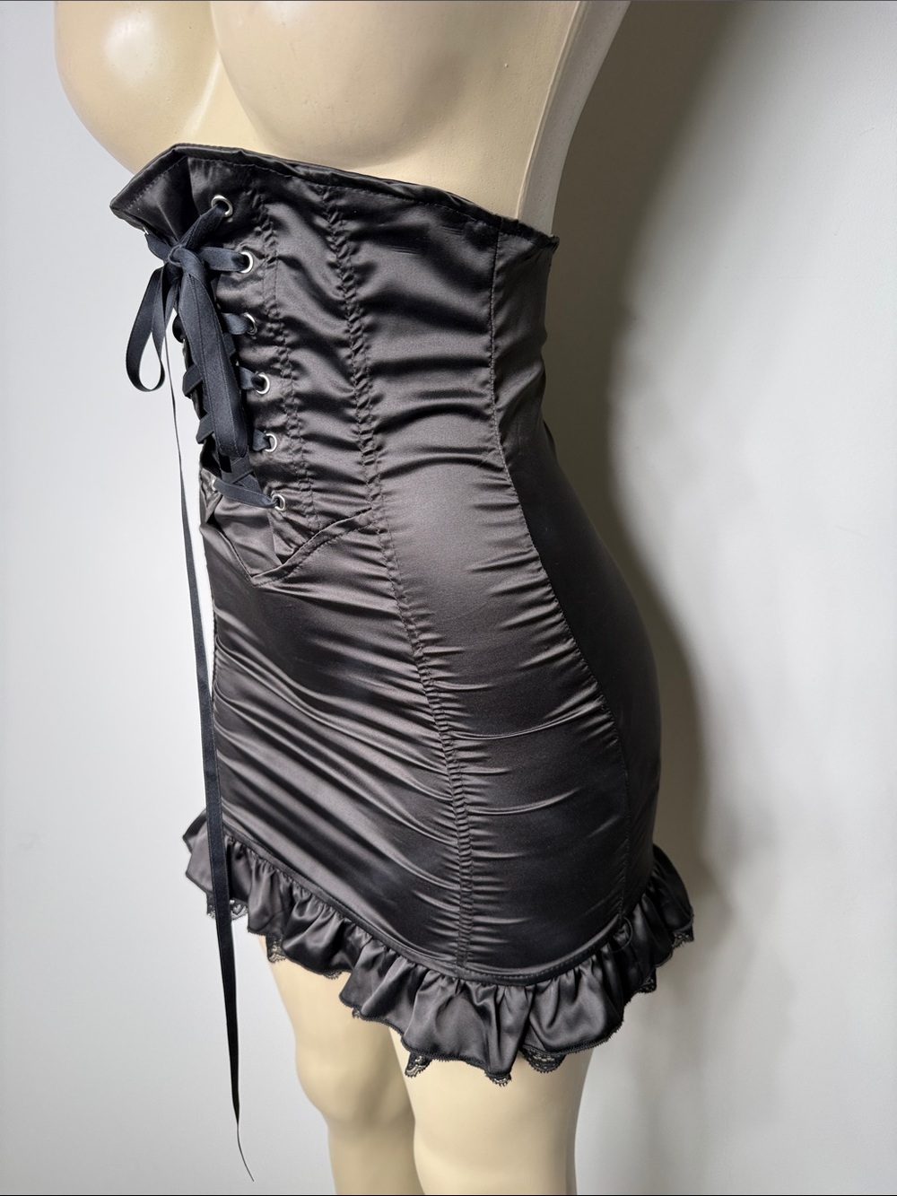 Black Lace-Up Satin Mini Skirt - Picture 3 of 6